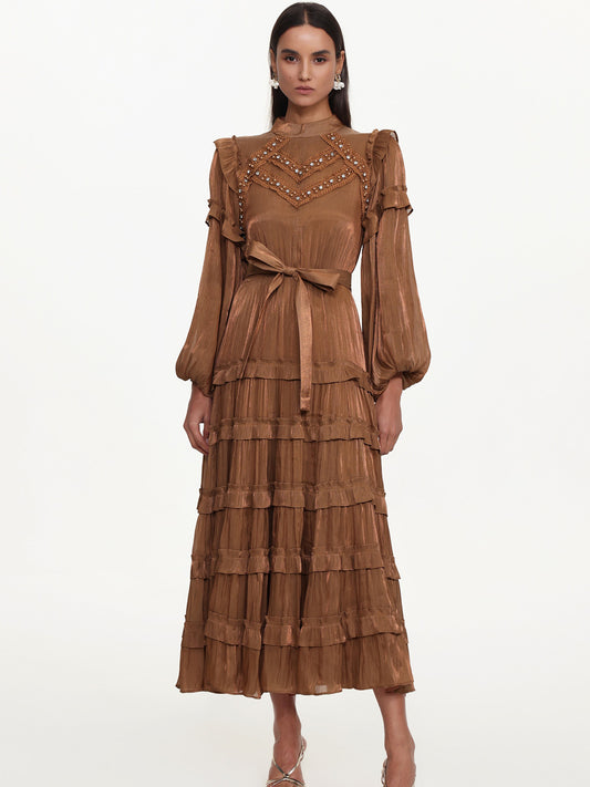 Kaia Flowy Long Sleeve Rhinestone Ruffle Woven Maxi Dress