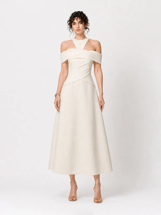 Lila Elegant Off-Shoulder Maxi Dress with Fitted Waist