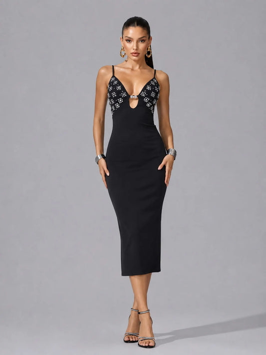 Nadira Elegant Sleeveless Rhinestone Cutout Bow Midi Dress