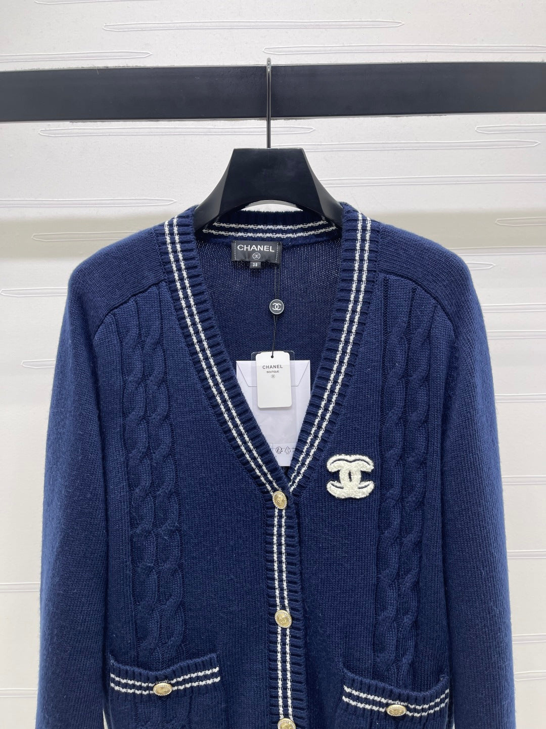CHANEL 26 PREPPY CABLE KNIT DARK BLUE CARDIGAN 335374