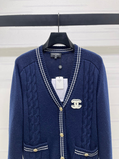 CHANEL 26 PREPPY CABLE KNIT DARK BLUE CARDIGAN 335374