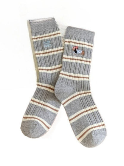 Rufia - Stripes Mid-calf Socks with Dog Patterns