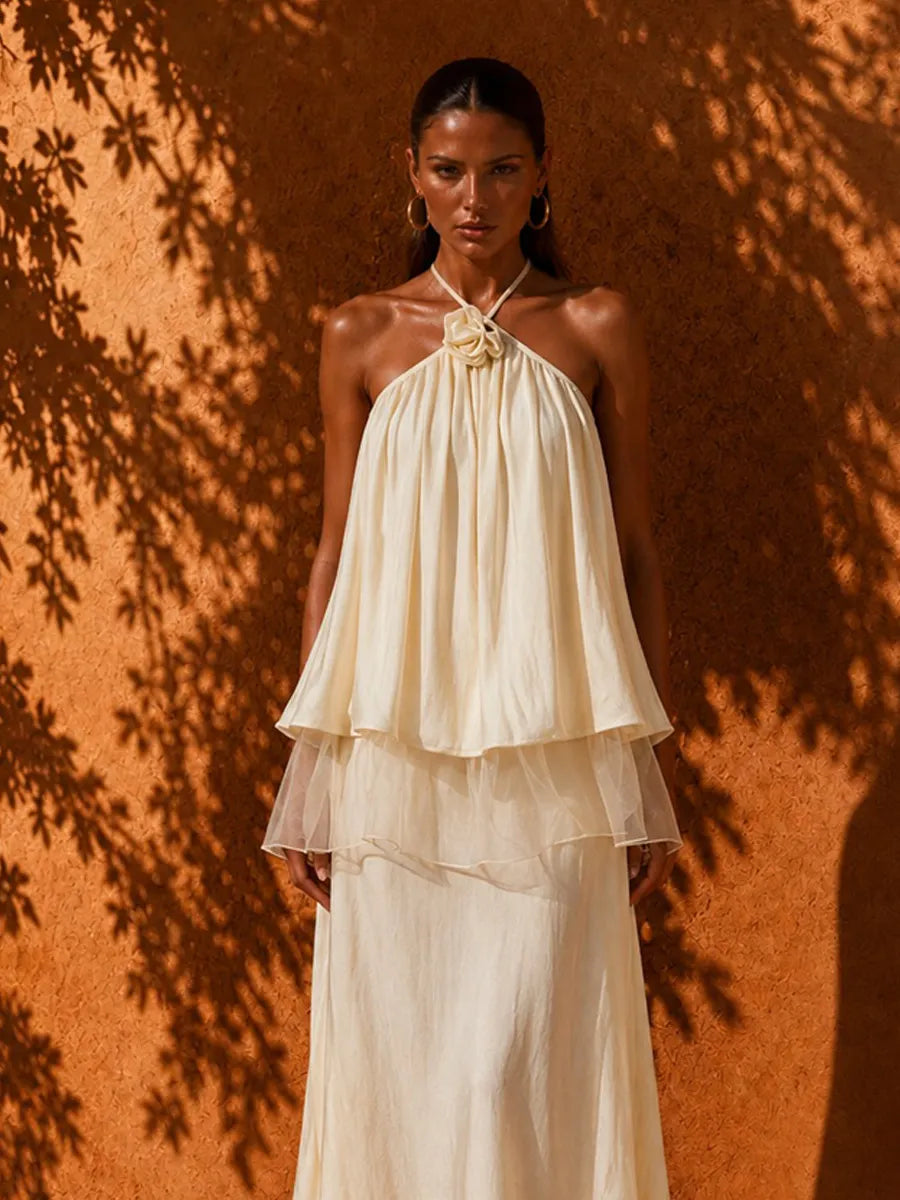 Elina Elegant Floral Lace-Trim Midi Dress