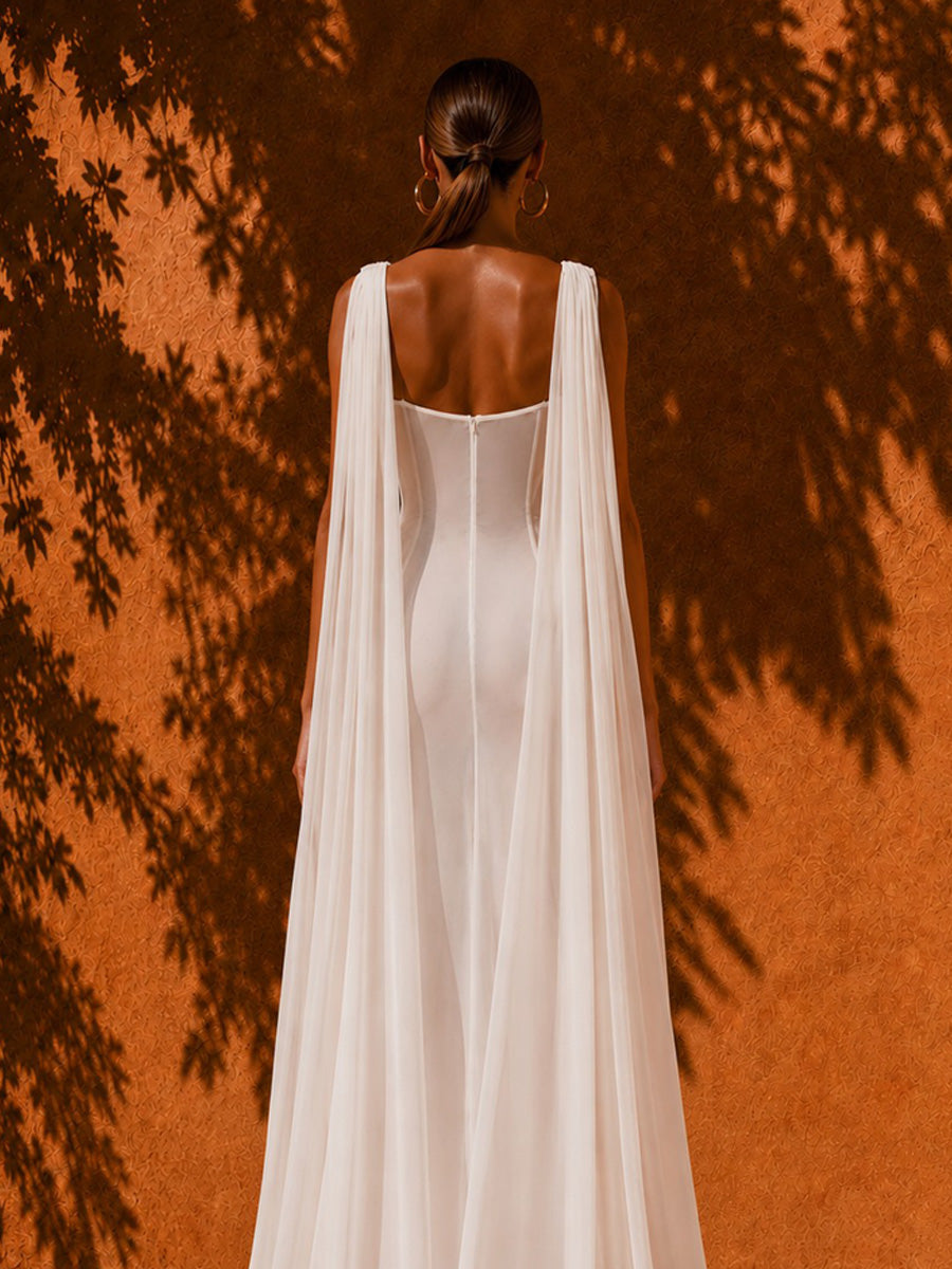 Audrey Pleated Mesh Maxi Dress with Asymmetrical Slit