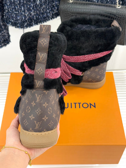 LV Cloud Lace-Up Ankle Boot Sneaker Black-Red Shearling Monogram Canvas 572470