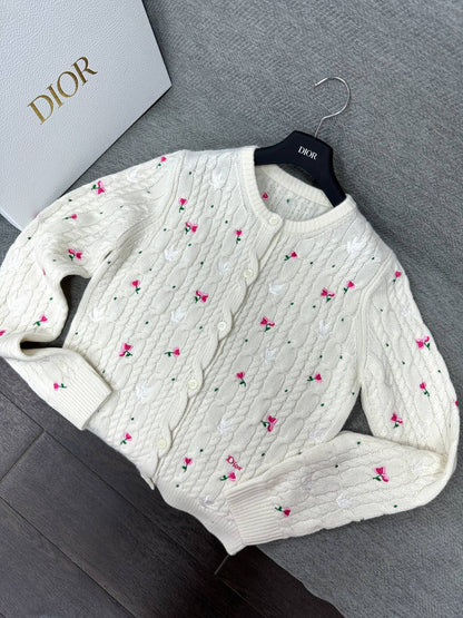 CD Cardigan Small Floral Embroidery Ivory Wool 349481