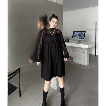 Hollow-Out Lace & Mesh Paneled Dress - Loose Fit, Luxury Feel, Elegant Mid-Length Dress For Women