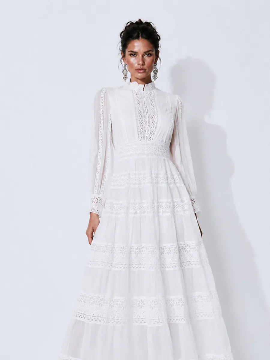 Camilla Lace-Panel Lantern-Sleeve Maxi Dress