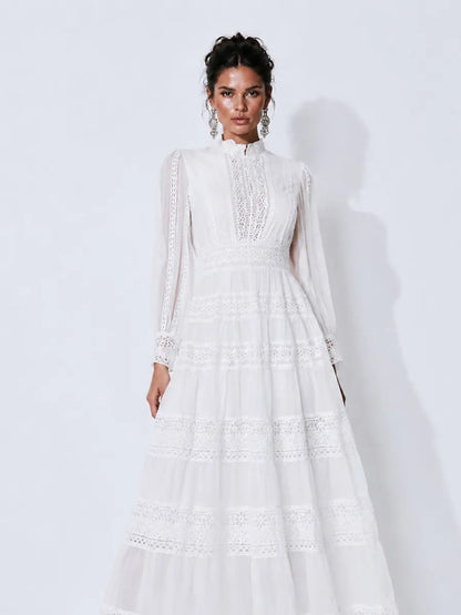 Camilla Lace-Panel Lantern-Sleeve Maxi Dress