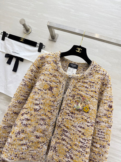 CC Cardigan Jacket Beige Multicolor Sheep Wool Tweed 343317