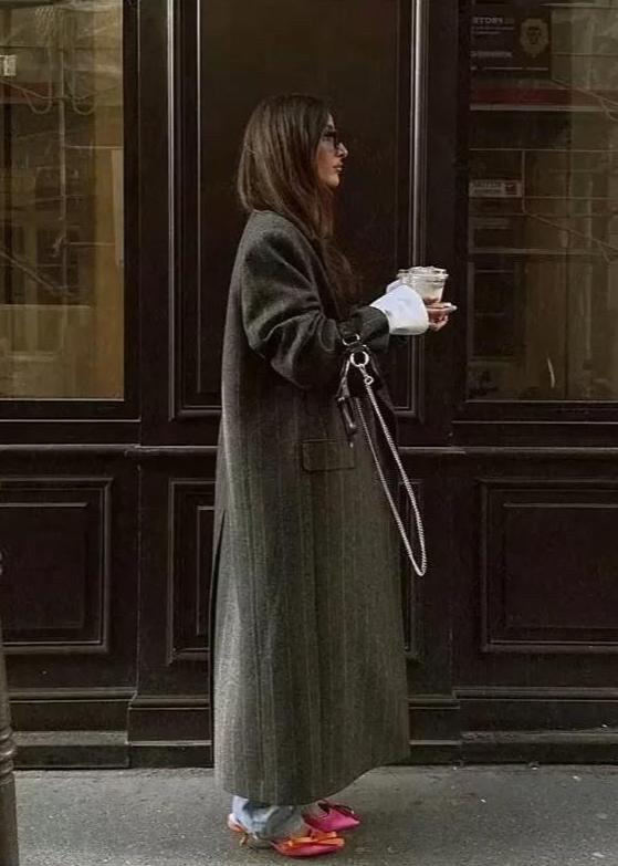 Long Woolen Coat Pinstripe Tailored Fit Gray