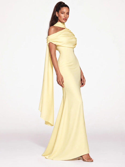 Athena One-Shoulder Pleated Maxi Dress In Yellow