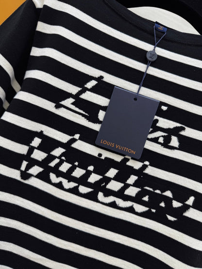 LV 25 Striped Letter Jacquard One-Shoulder Knitted Black White Cotton Polyester
