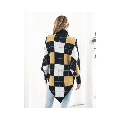 Casual Loose Batwing Sleeves Checkerboard High-Neck Sweater Tops