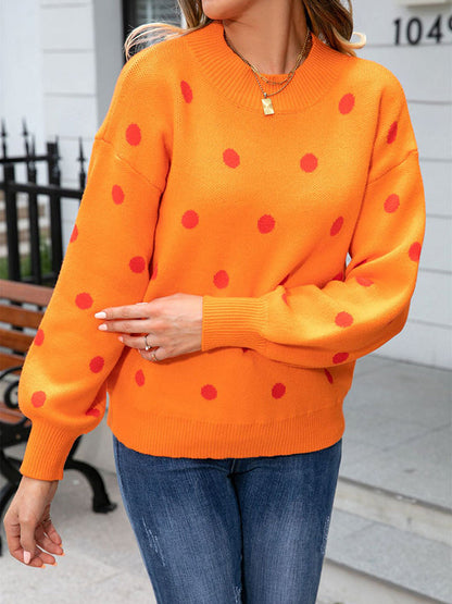 Long Sleeves Loose Polka-Dot Knitwear Pullovers Sweater Tops