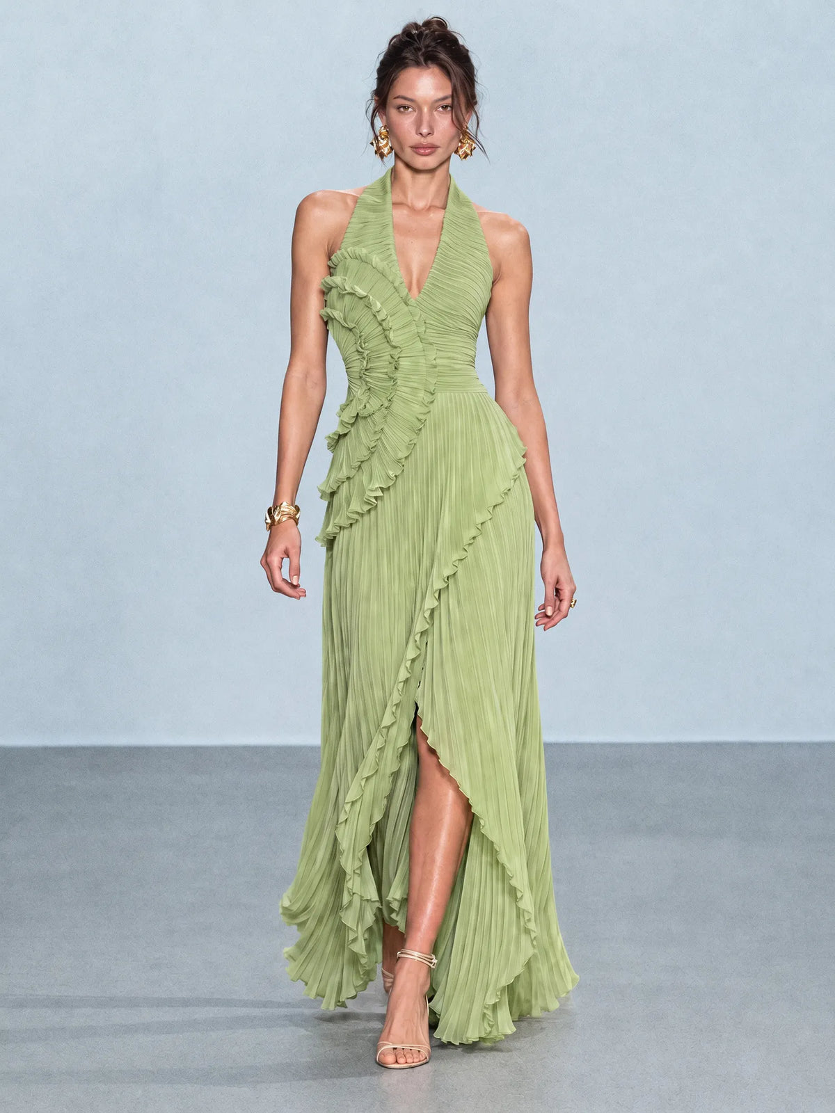 Adeline Pleated Ruffle Maxi Dress In Green