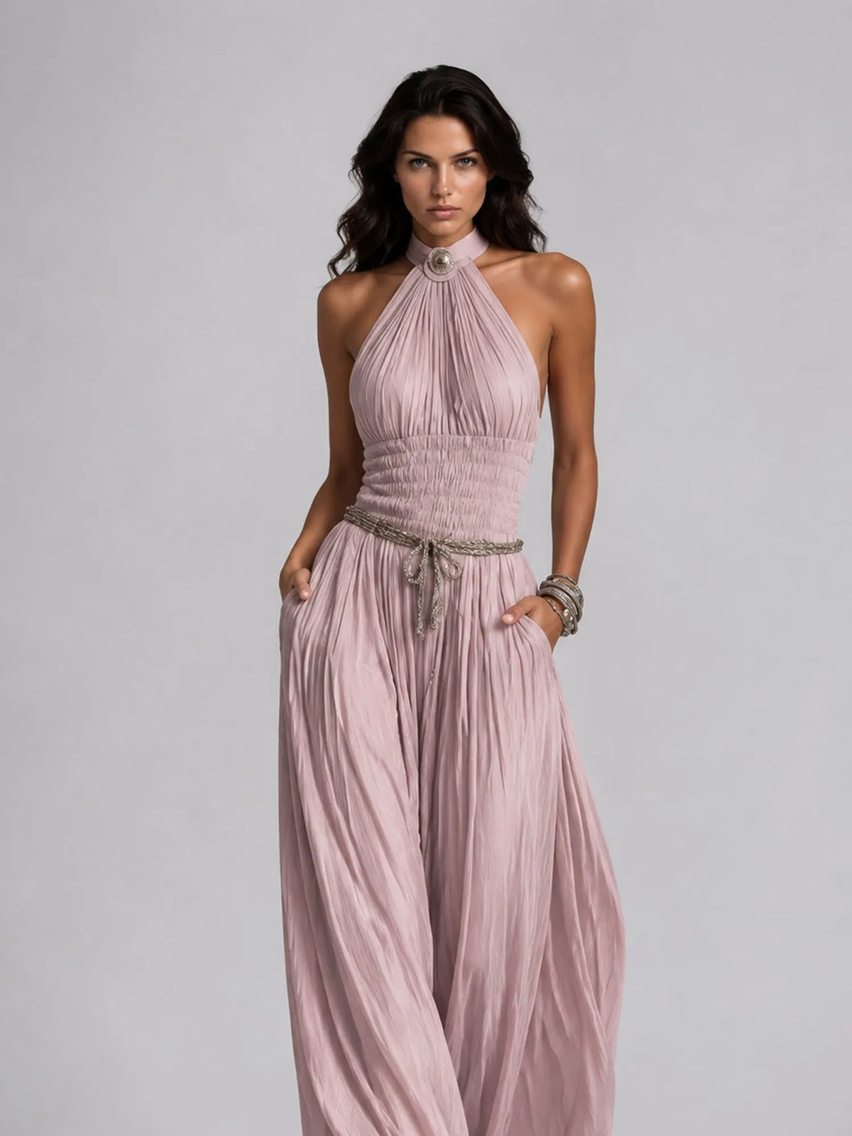 Taylor Pleated Halter-Neck Wide-Leg Jumpsuit