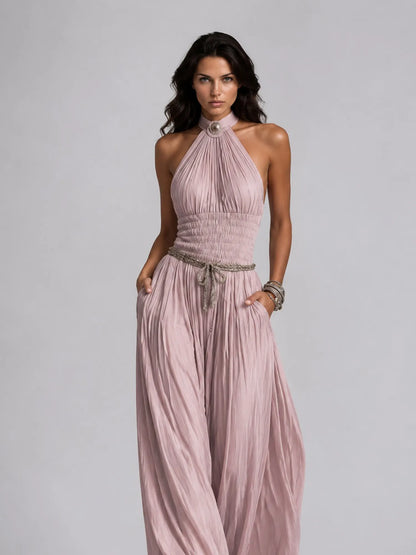Taylor Pleated Halter-Neck Wide-Leg Jumpsuit