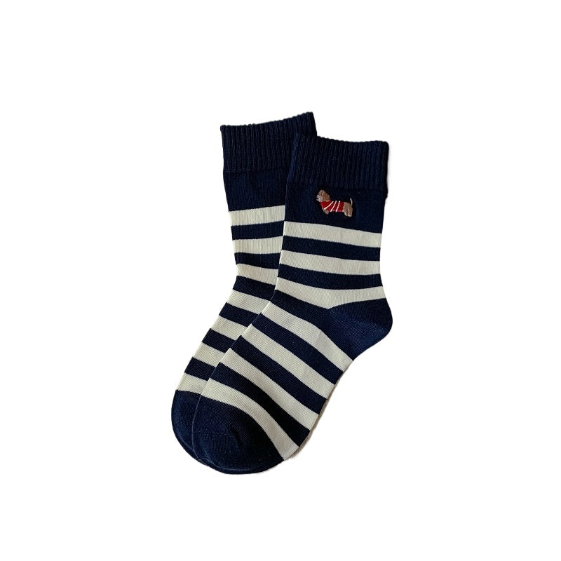 Rufia - Cartoon Dog Embroidered Striped Socks