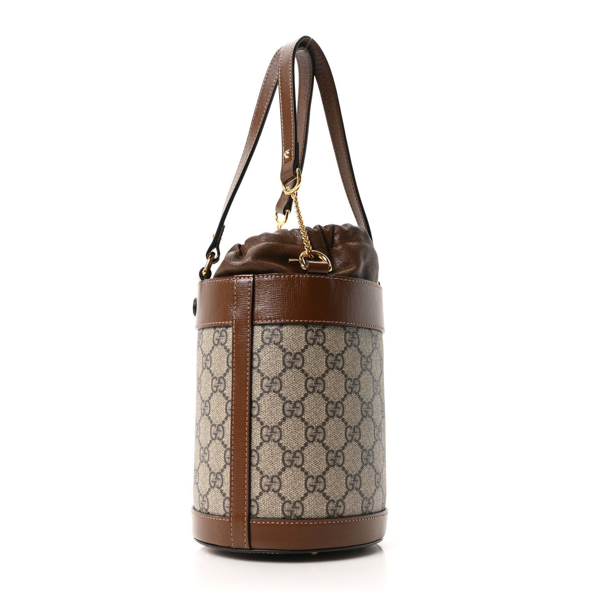 GG Supreme Monogram Azalea Sakai Calfskin Small Horsebit 1955 Drawstring Bucket Bag Beige Ebony Brown Sugar
