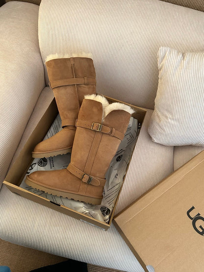 UGG Platform Foldable Tall Boots Brown Suede Shearing
