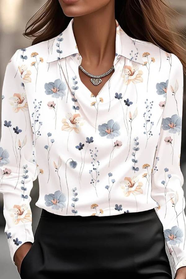 Temperamental Printed Simple Shirt Collar Ladies Top