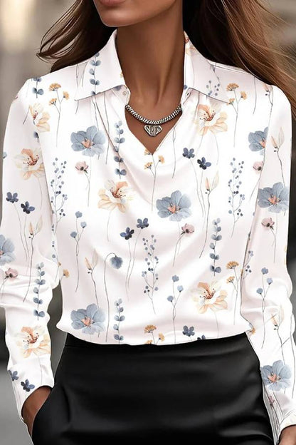Temperamental Printed Simple Shirt Collar Ladies Top