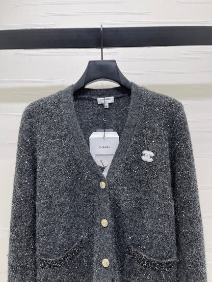 CC 26s Sequined V-Neck Cardigan Sweater Grey 344109
