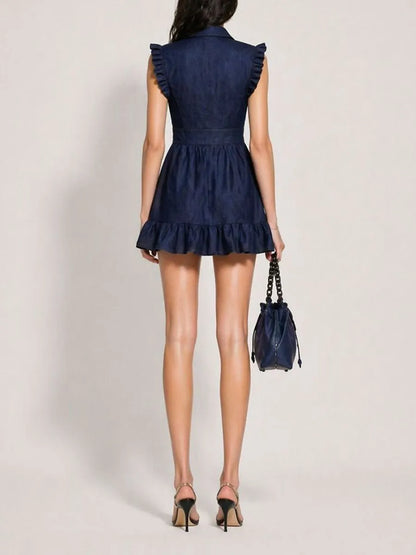 Kira Ruffled Sleeveless Zip-Front Denim Dress