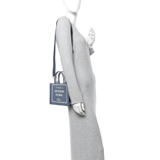 Canvas Embroidered Les Fleurs du Mal Mini Book Tote  Blue White