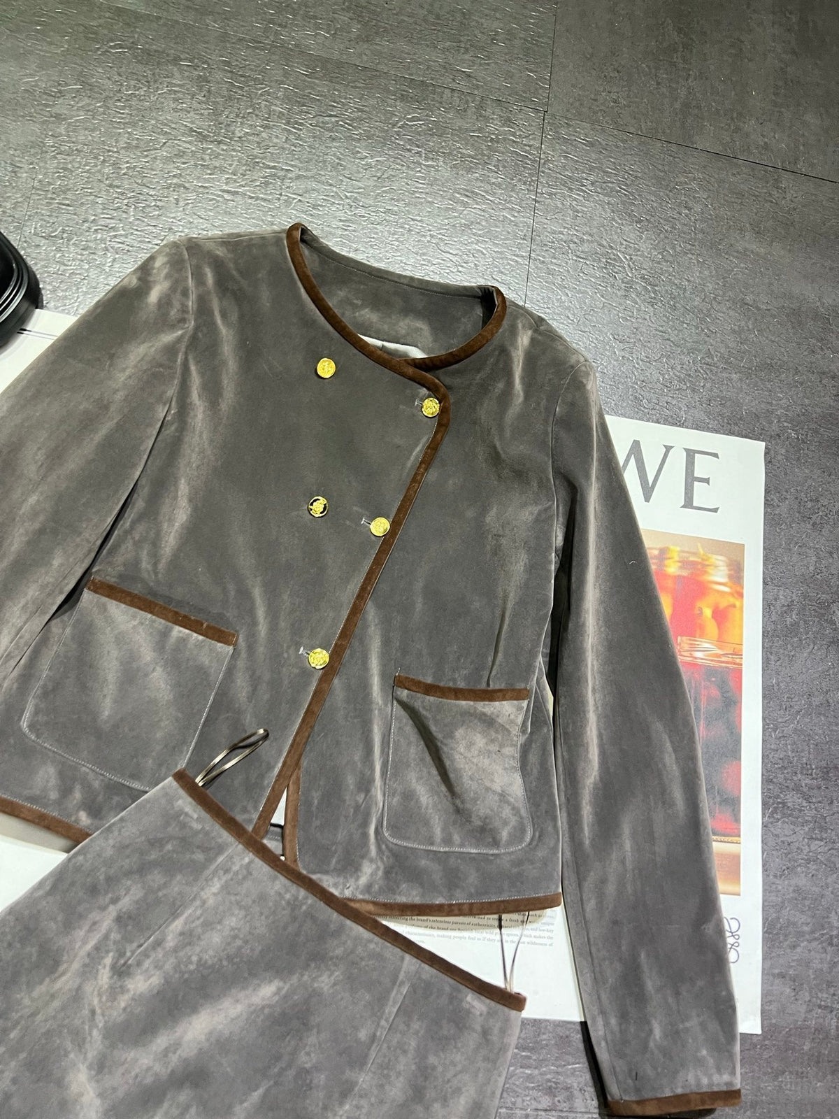 Celine 26ss Short Jacket + A-Line High-Waisted Skirt Set Gray in Suede 189584