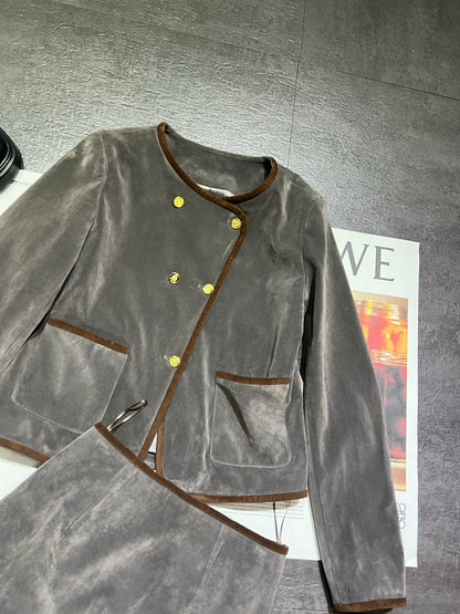 Celine 26ss Short Jacket + A-Line High-Waisted Skirt Set Gray in Suede 189584