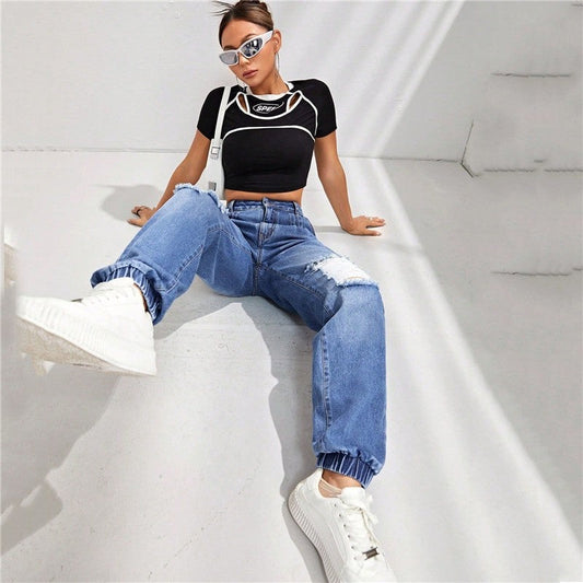 Casual High-Waist Slimming Loose Ripped Ripped Jeans