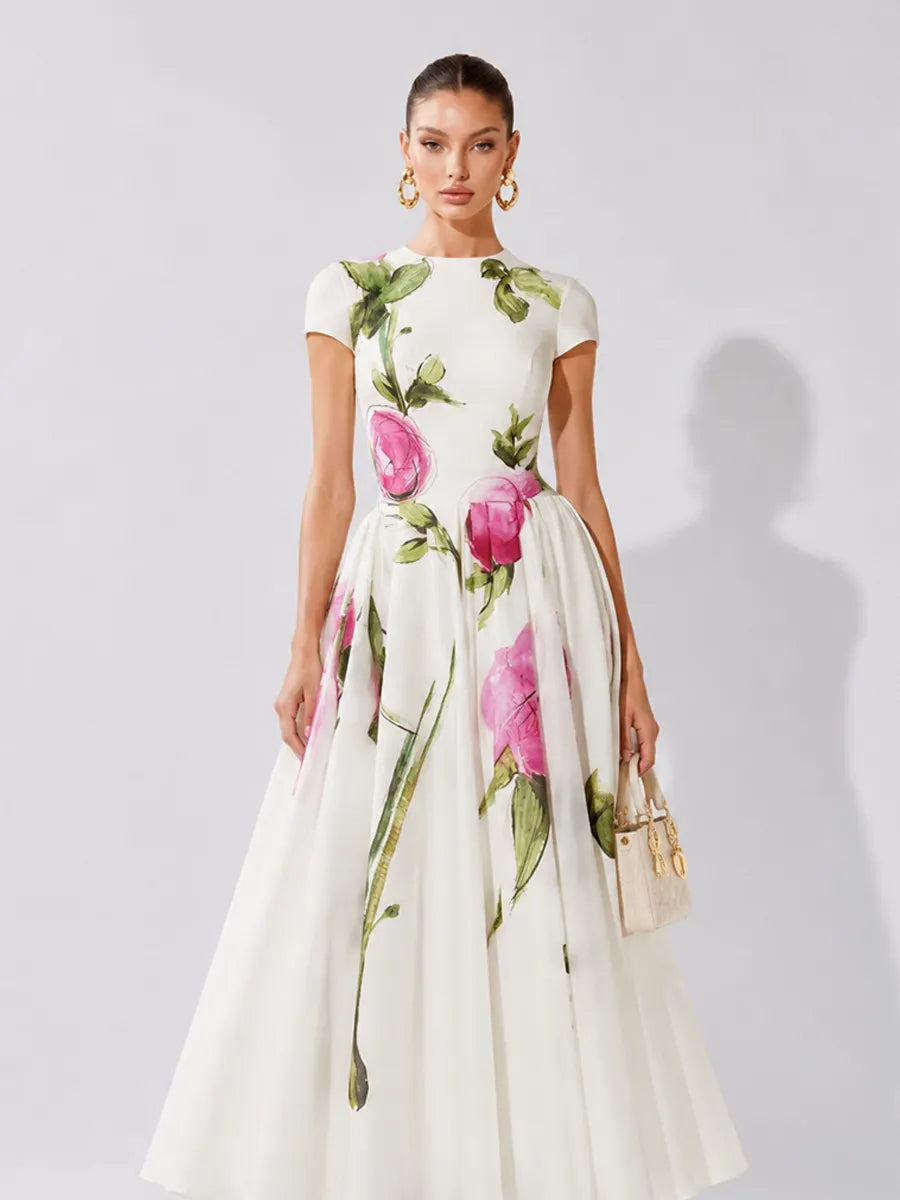 Zaria Elegant Rose-Print Midi Dress