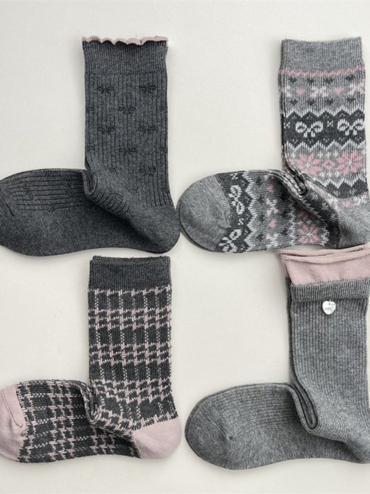 Rufia - Grey Pink Plaid Bow Mid-Crew Socks