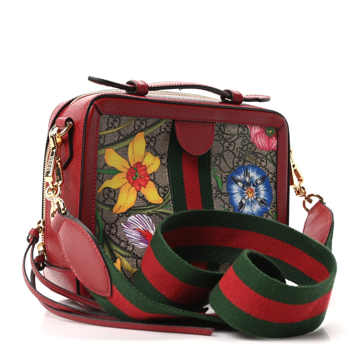 GG Supreme Monogram Flora Web Small Ophidia Top Handle Shoulder Bag Hibiscus Red