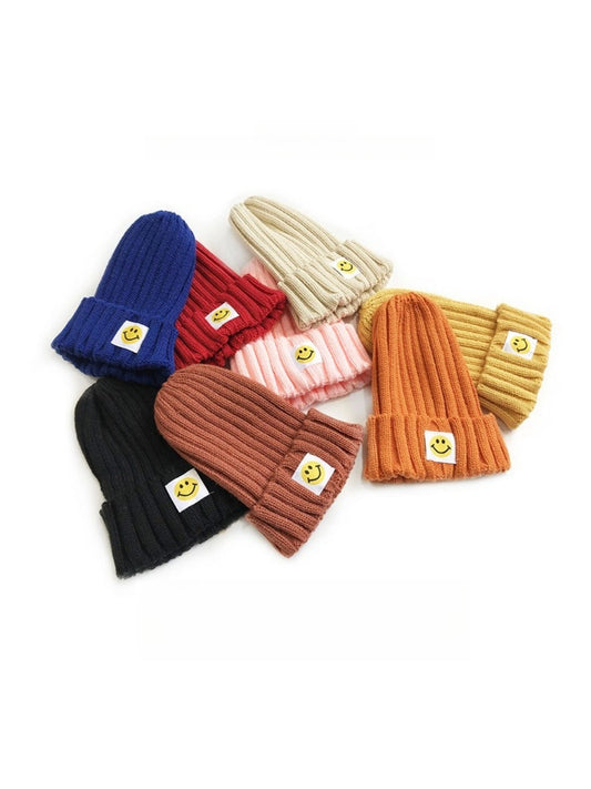 Haila - Winter Striped Knitted Beanie Embroidered Smile Motif