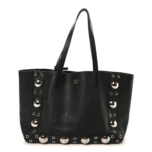 Grainy Calfskin Studded Medium Nellcote Shopping Tote Black