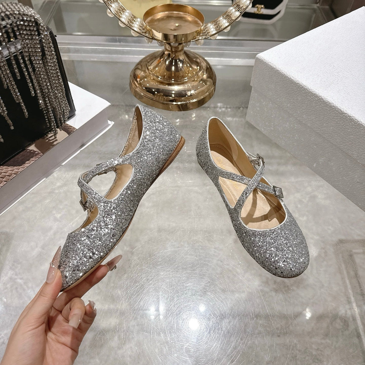 CD 26 Ballet Flats Gray Leather With Sequins 592216