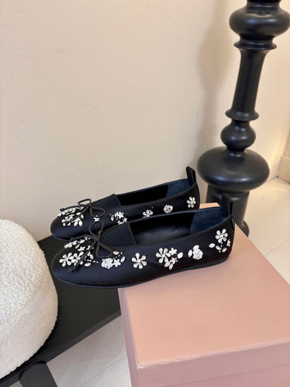 Miu Ballet Flat With Floral Crystal Dark Navy Blue Silk