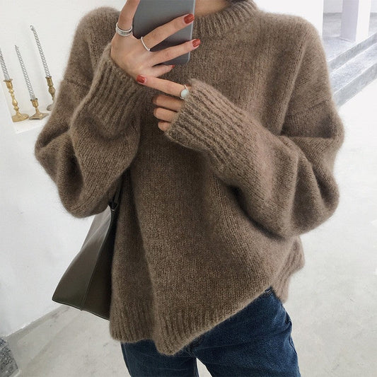 Solid Color Loose Fit Mohair Sweater