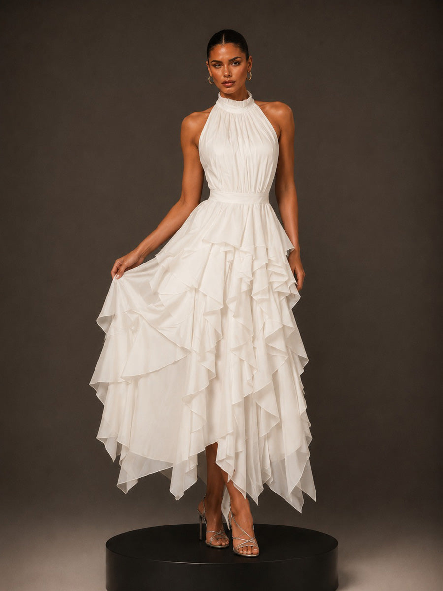 Eliana Ruffled Halter-Neck Midi Dress with Cinched Waist In White