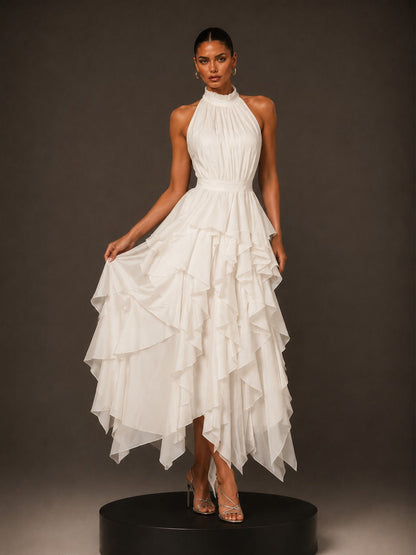 Eliana Ruffled Halter-Neck Midi Dress with Cinched Waist In White