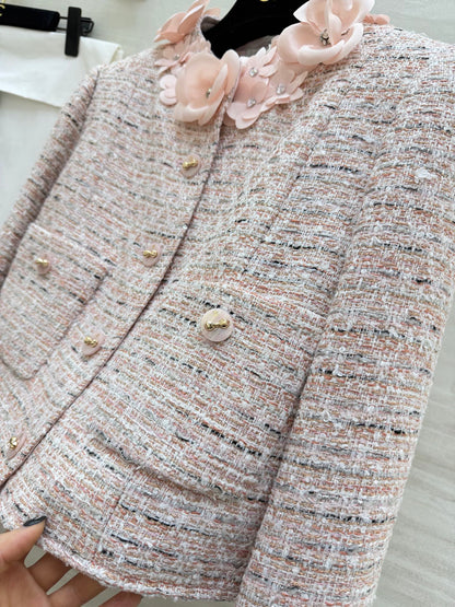 CC 26s Coat 3D Floral Embellished Light Pink Wool Blend Tweed