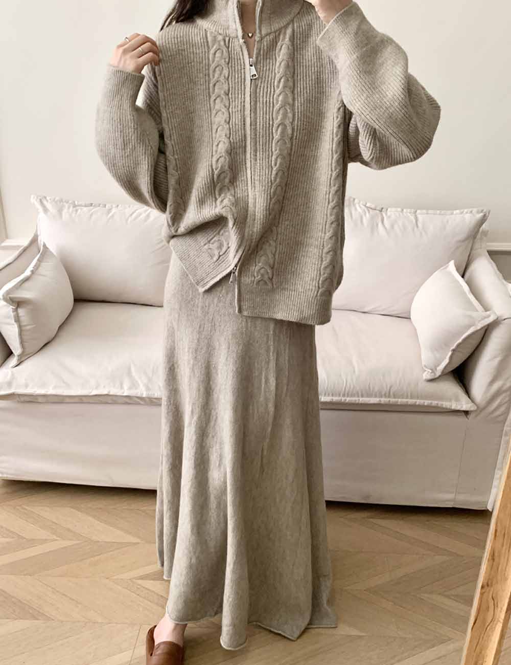 2 Pcs Fall Zip-Up Cardigan Maxi Skirt Set