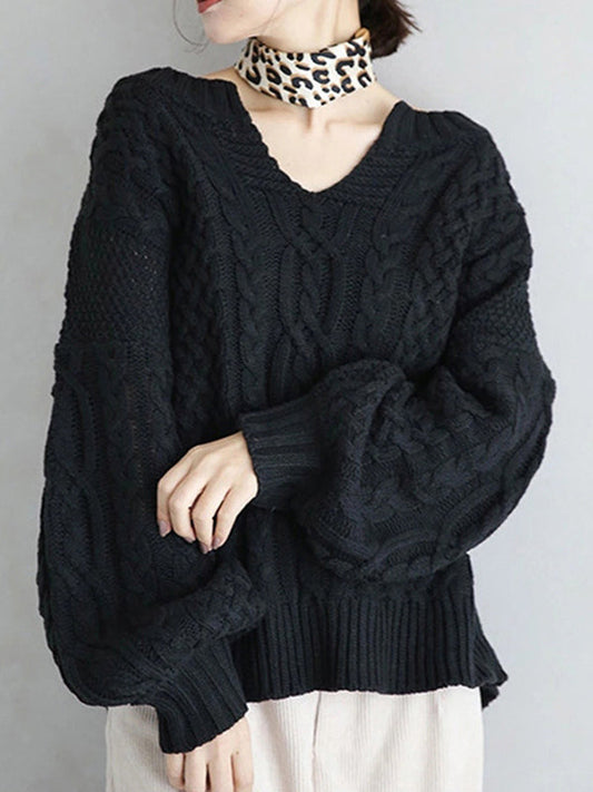 Stylish Loose Jacquard Solid Color V-Neck Sweater