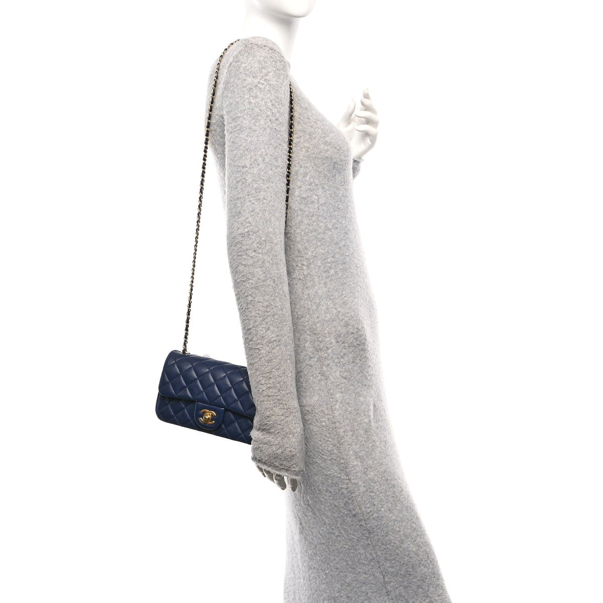 Lambskin Quilted Mini Pearl Crush Rectangular Flap Navy Blue
