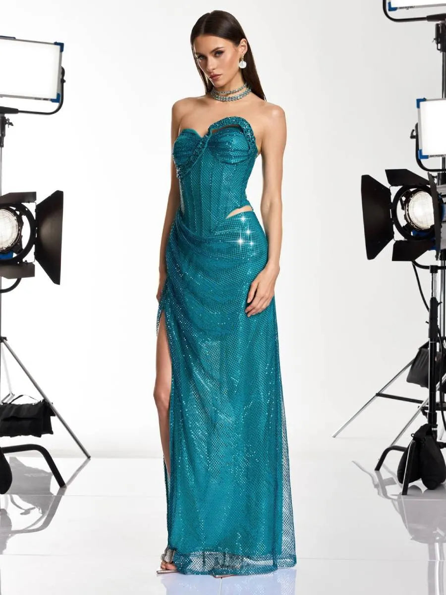 Hazel Strapless Rhinestone Mesh Maxi Dress
