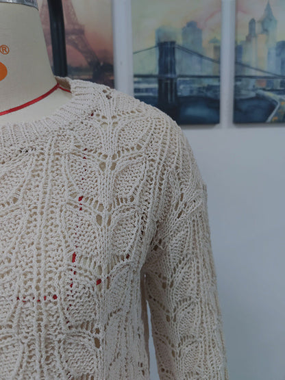 Original Creation Long Sleeves Loose Hollow Solid Color Round-Neck Sweater Tops