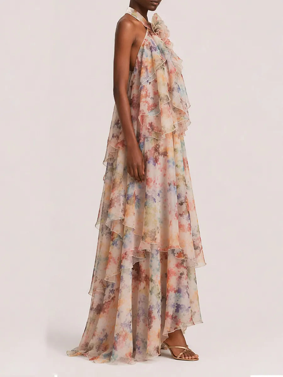 Ada Tiered Printed Mesh Maxi Dress